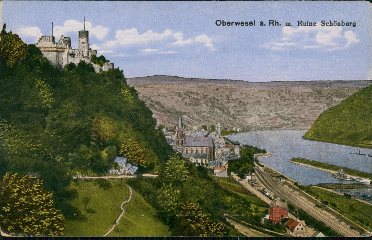 vergrößern: Bildseite historische Ansichtskarte von 1919: Schönburg am Rhein, Rhine Castle:: Oberwesel