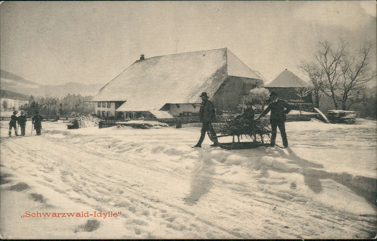 zoom: Image side vintage Postcard from 1912: Schwarzwaldhaus im Winter Idylle Schlitten:: .Baden-Württemberg