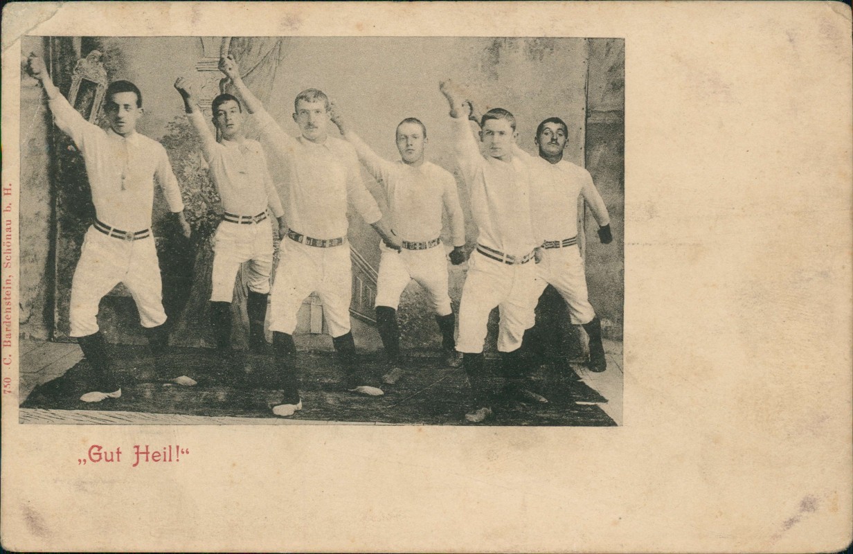 zoom: Image side vintage Postcard from 1908: Sportler: Turnen Männer beim Sport - Gut Heil!::