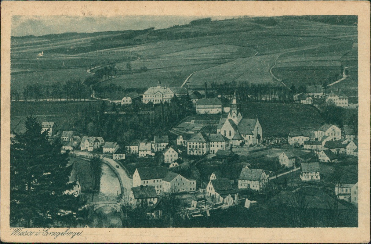 zoom: Image side vintage Postcard from 1927: Stadtpartie:: Wiesa Erzgebirge-Wiesenbad