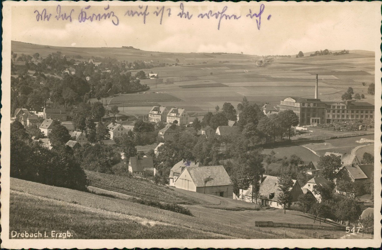 vergrößern: Bildseite historische Ansichtskarte von 1941: Stadtpartie Fabrik:: Drebach (Erzgebirge)
