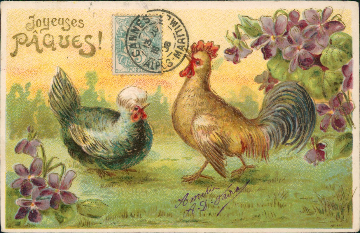 vergrößern: Bildseite historische Ansichtskarte von 1912: Joyeuses PÂQUES! Ostern Easter Hahn Henne France::