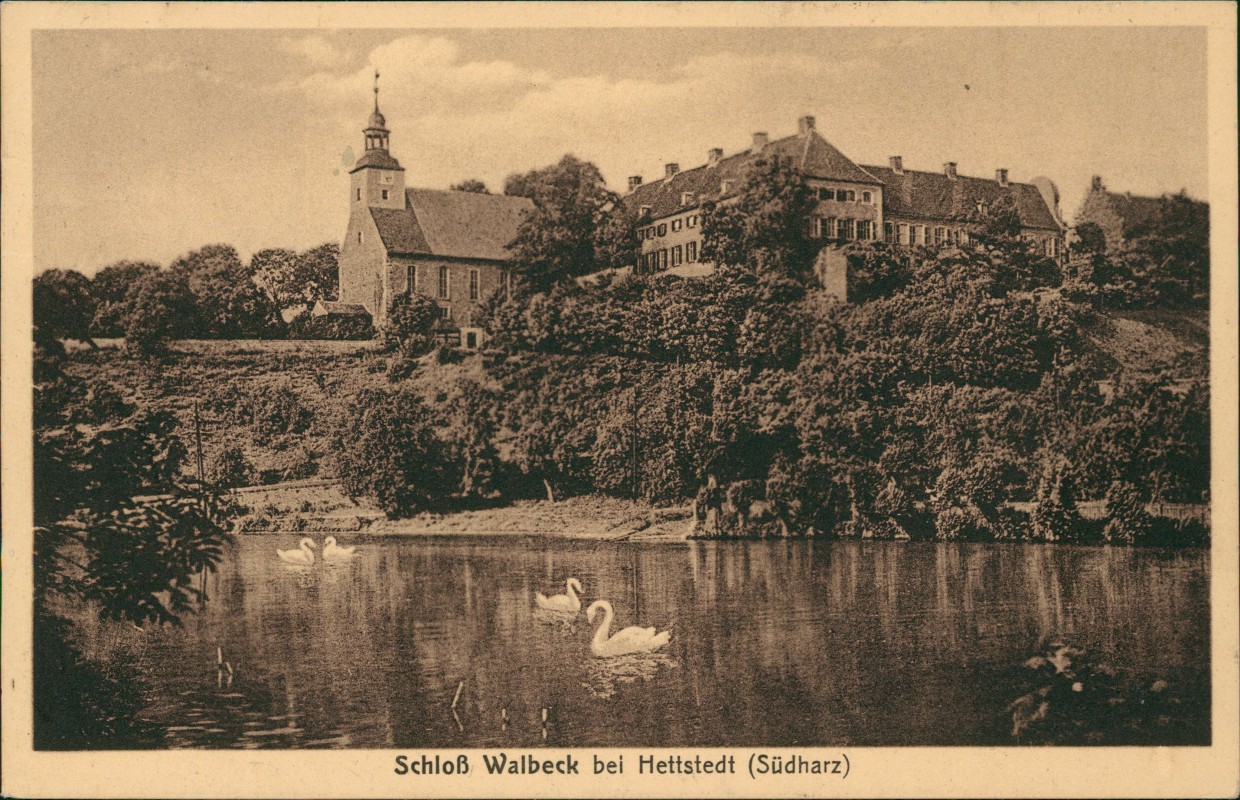 zoom: Image side vintage Postcard from 1937: Schloss Walbeck Schwäne:: Hettstedt (Südharz)