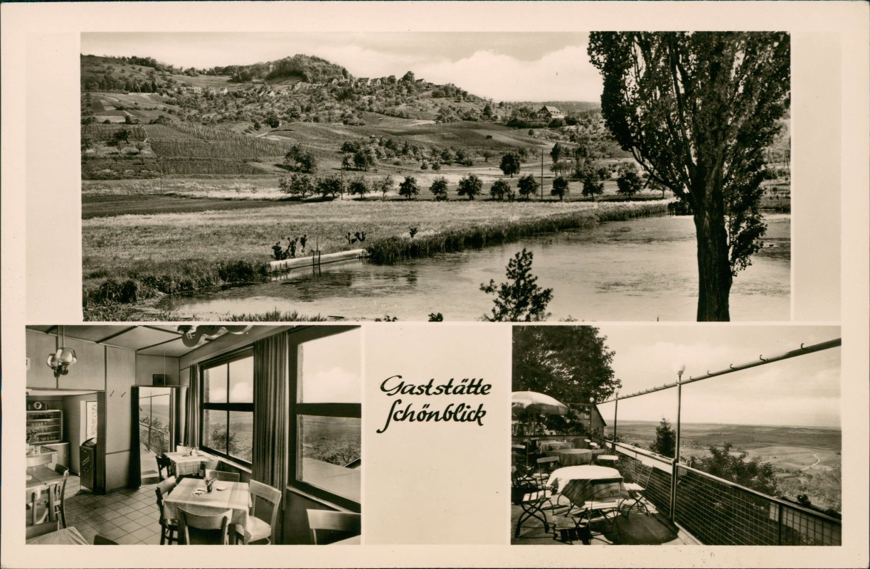 zoom: Image side vintage Postcard from 1962: 3 Bild Gaststätte Schönblick:: Löwenstein (Württemberg)