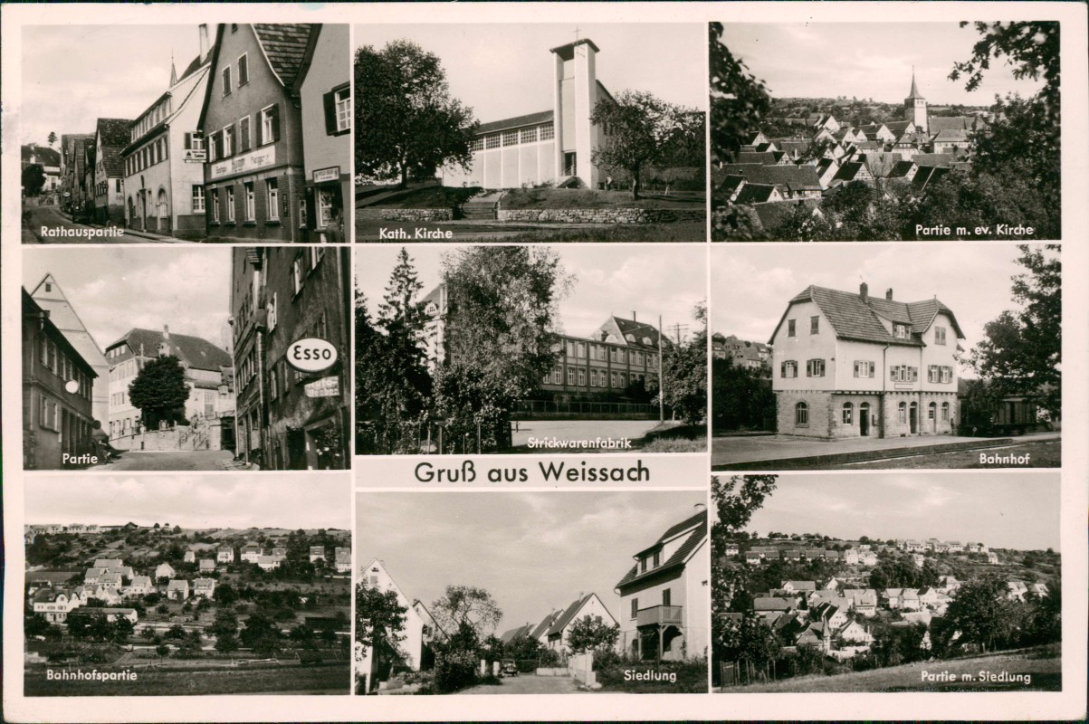 vergrößern: Bildseite historische Ansichtskarte von 1957: MB: Bahnhof Fabrik Esso Siedlung:: Weissach (LK Böblingen)