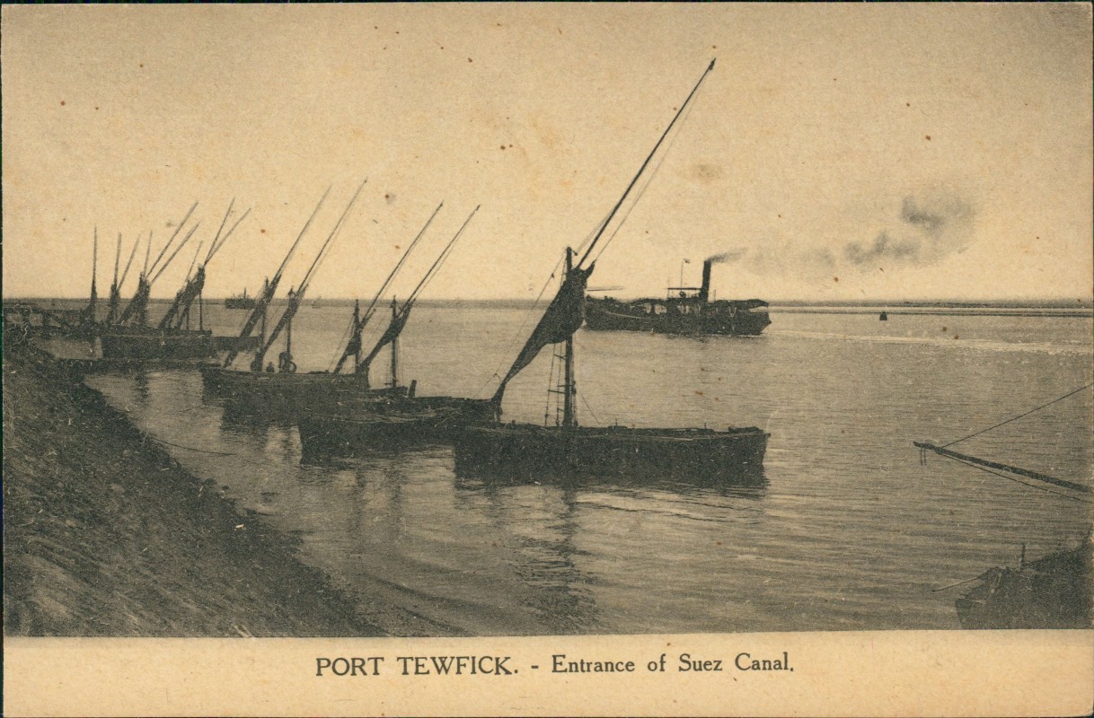 zoom: Image side vintage Postcard from 1914: Dampfer  PORT TEWFICK Entrance of Suez Canal:: Suez