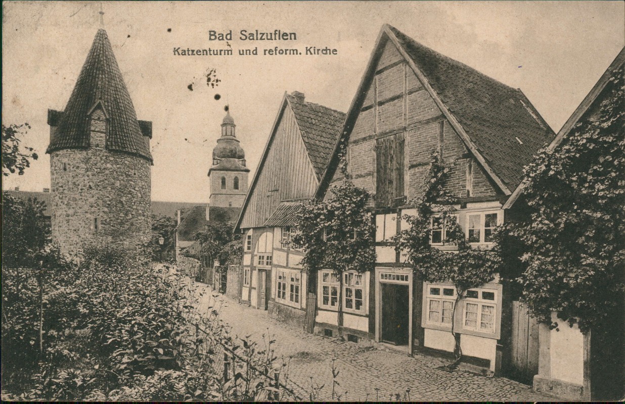 zoom: Image side vintage Postcard from 1919: Katzenturm und reform. Kirche:: Bad Salzuflen