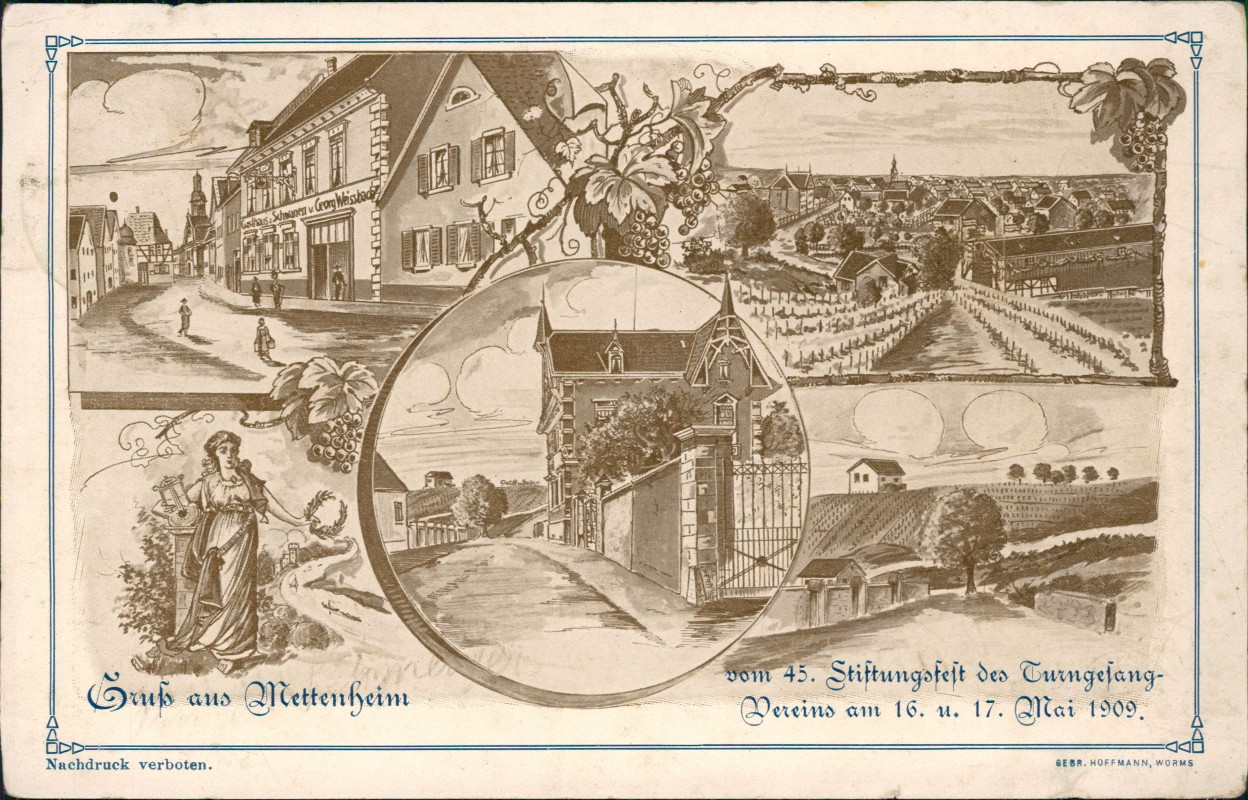 zoom: Image side vintage Postcard from 1909: 45. Stiftungsfest des Turngesang Vereins MB:: Mettenheim LK Alzey-Worms