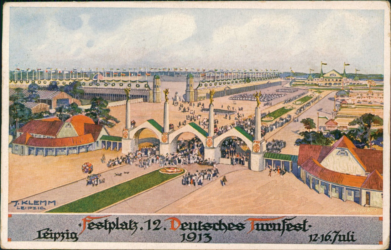 zoom: Image side vintage Postcard from 1913: 12. Deutsches Turnfest Künstlerkarte Festplatz:: Leipzig