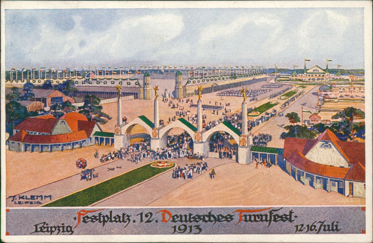 zoom: Image side vintage Postcard from 1913: 12. Deutsches Turnfest Künstlerkarte Sonderstempel:: Leipzig