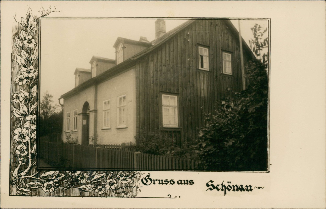 vergrößern: Bildseite historische Ansichtskarte von 1928: Gruss aus Schönau - Einfamilienhaus Fotokunst::