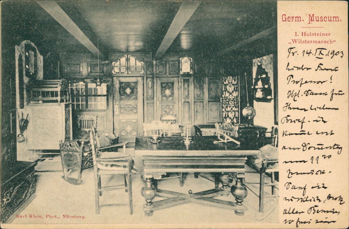 vergrößern: Bildseite historische Ansichtskarte von 1909: Germ. Museum. I. Holsteiner Wilstermarsch:: Nürnberg