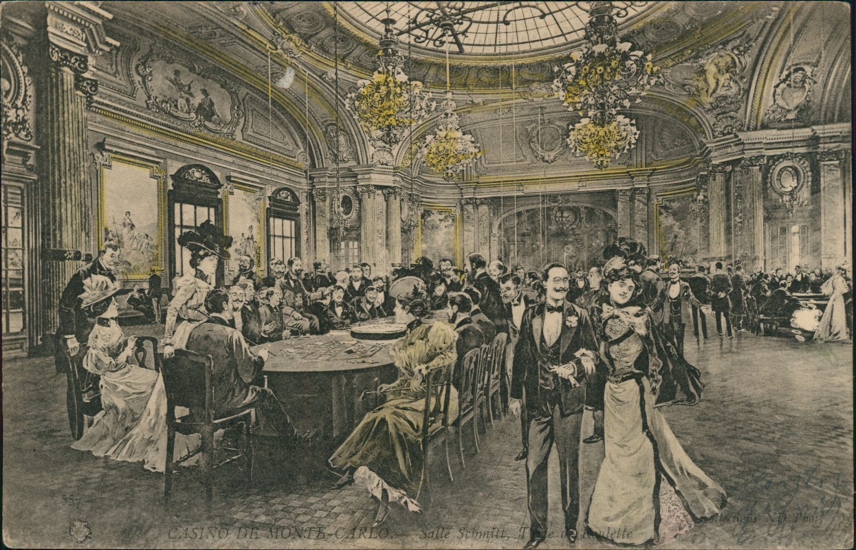 vergrößern: Bildseite historische Ansichtskarte von 1904: Casino Salle Schnitt Roulette Künstlerkarte belebt:: Monaco