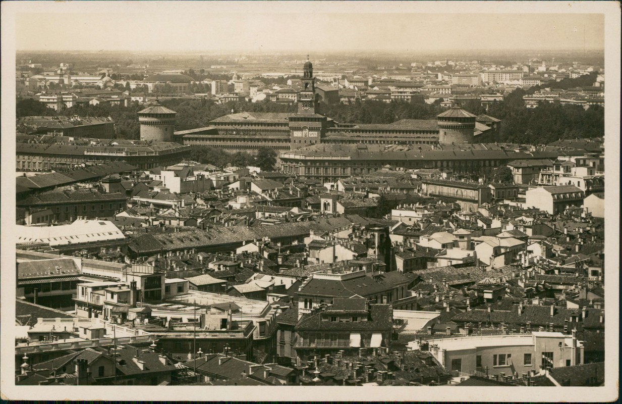 vergrößern: Bildseite historische Ansichtskarte von 1934: Panorama del Castello Sforzesco:: Mailand