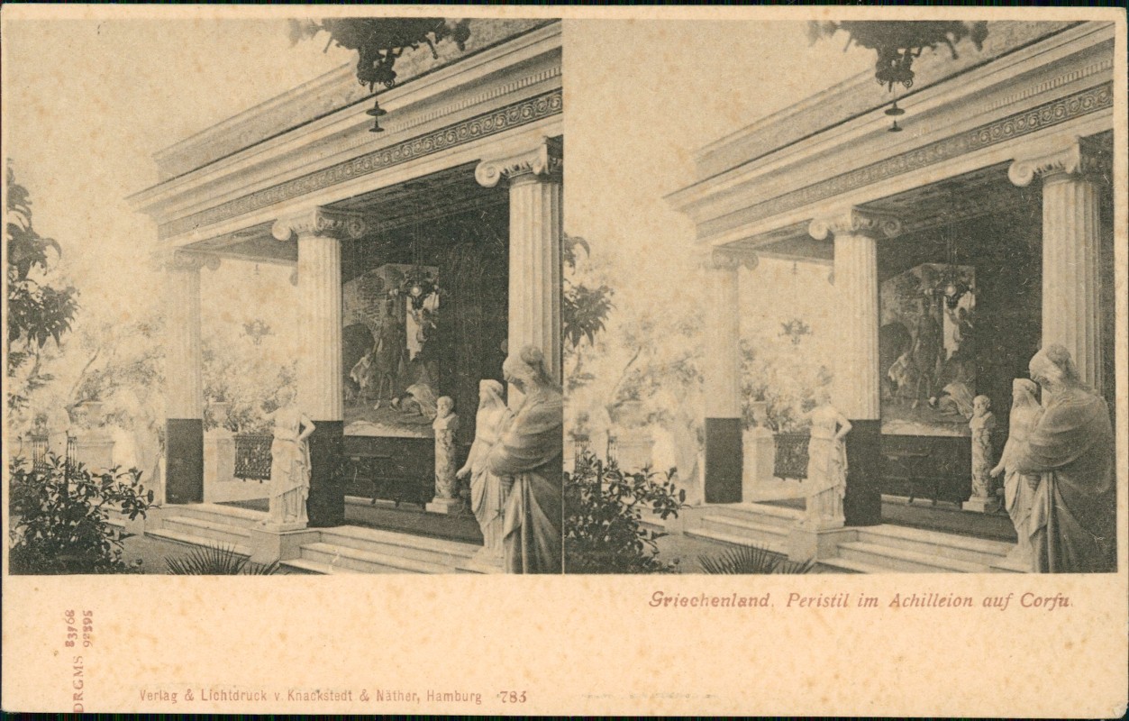 vergrößern: Bildseite historische Ansichtskarte von 1906: Stereo AK  Griechenland, Peristil im Achilleion auf Corfu:: Korfu