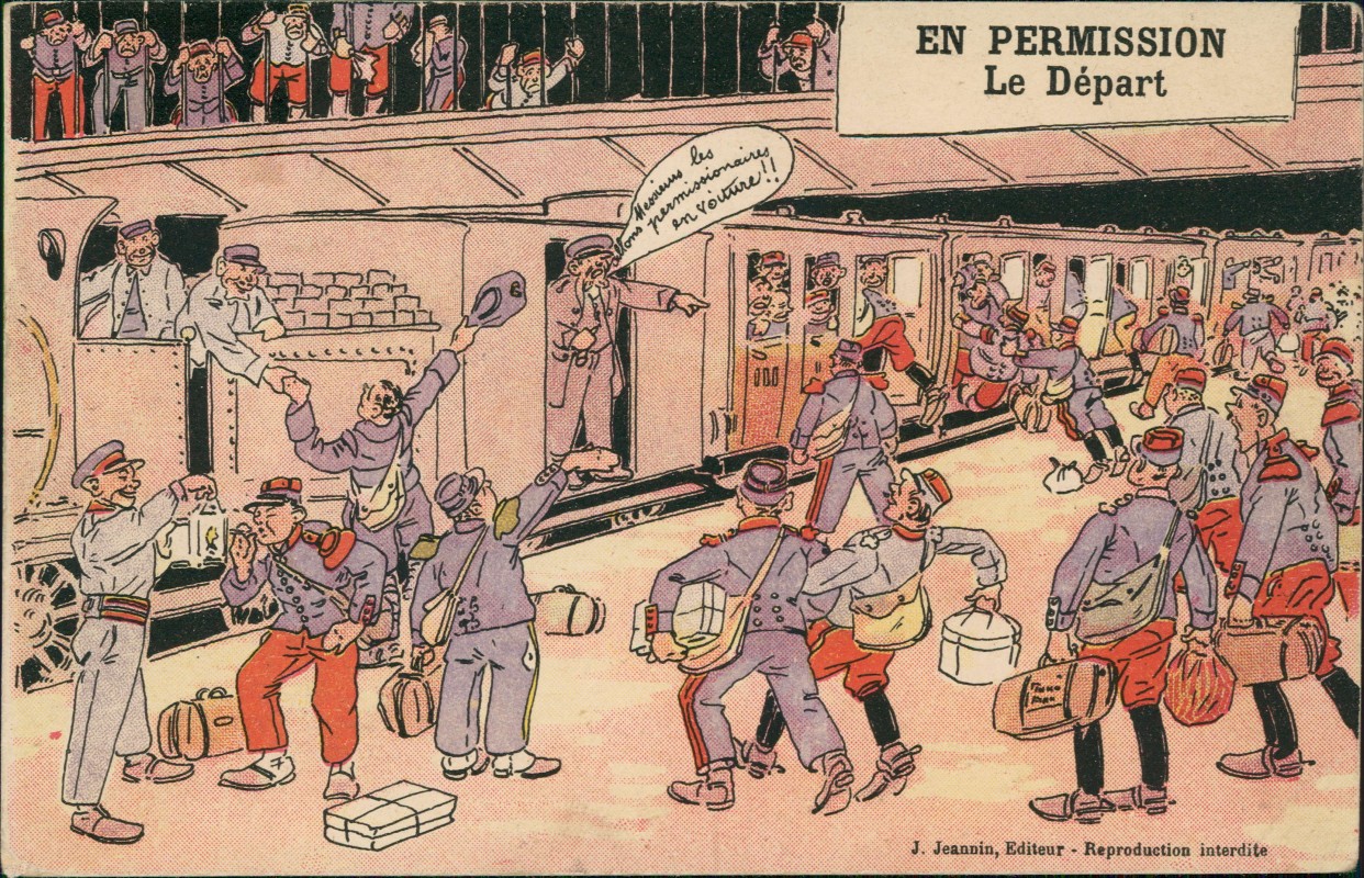 vergrößern: Bildseite historische Ansichtskarte von 1908: Eisenbahn Zug Lokomotive Scherzkarte France Le Depart EN PERMISSION::
