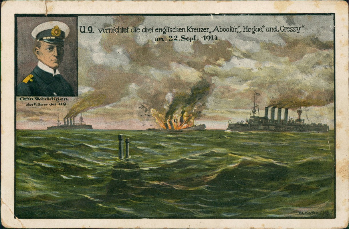 zoom: Image side vintage Postcard from 1916: Schiffe Schifffahrt Kriegsschiffe Marine U.9. U-Boot Otto Weddigen::