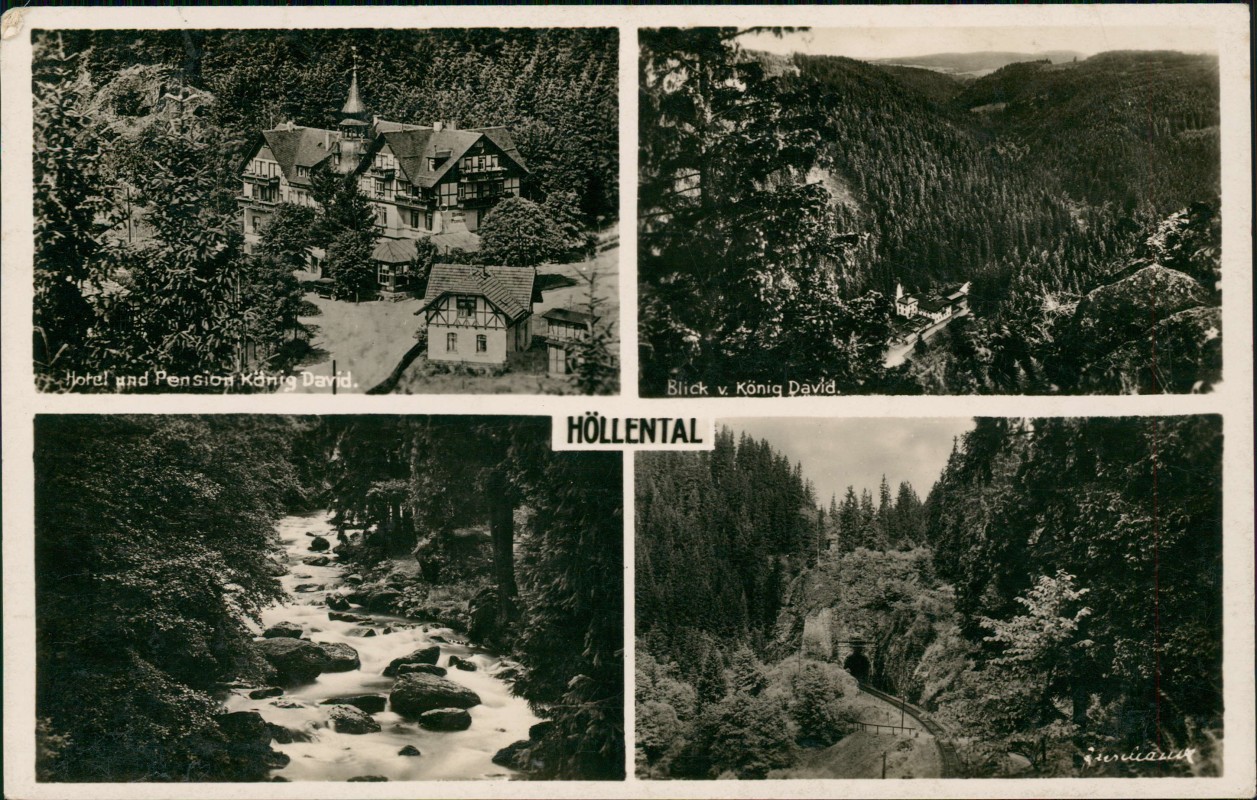 zoom: Image side vintage Postcard from 1938: Höllental Frankenwald 4 Bild Hotel König David:: Hof (Saale)