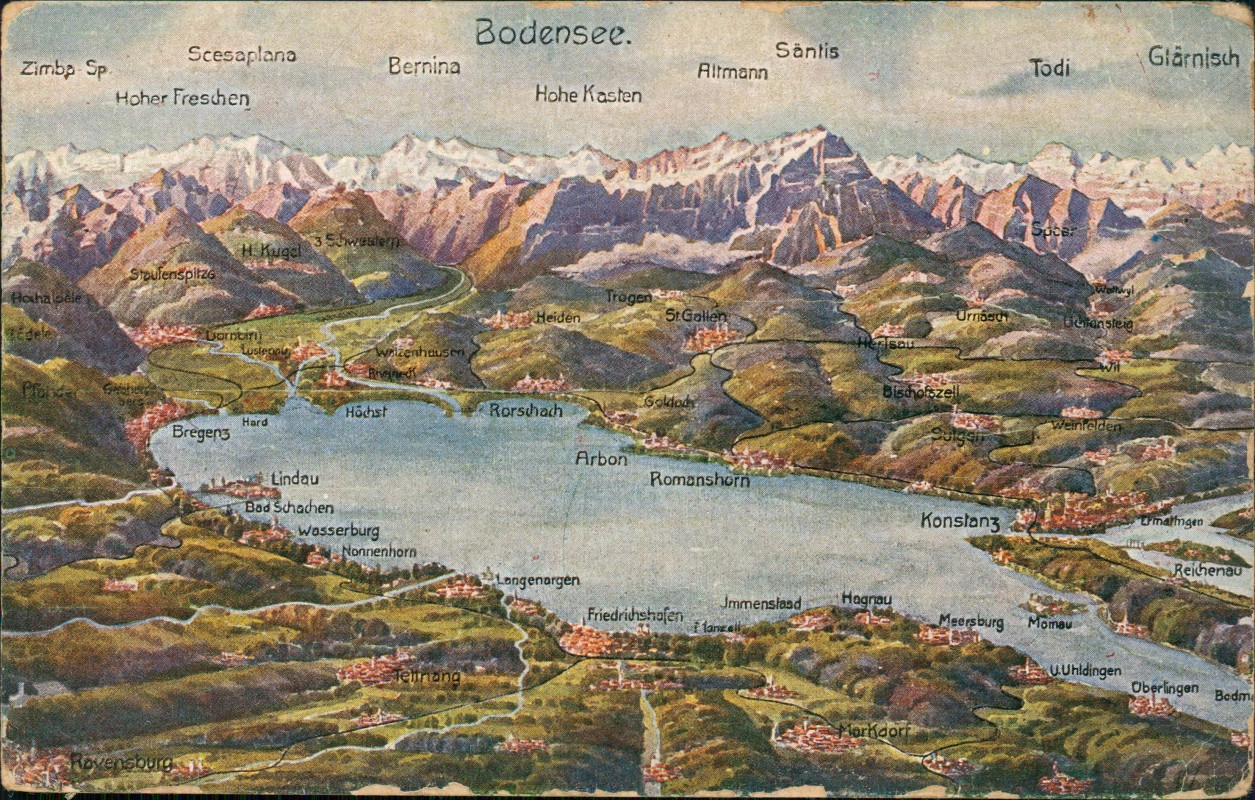vergrößern: Bildseite historische Ansichtskarte von 1917: Der Bodensee aus der Vogelschau Künstlerkarte::