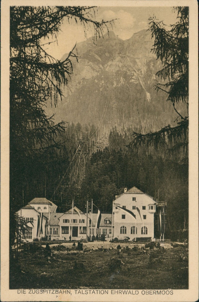 zoom: Image side vintage Postcard from 1927: ZUGSPITZBAHN, TALSTATION EHRWALD OBERMOOS:: Grainau