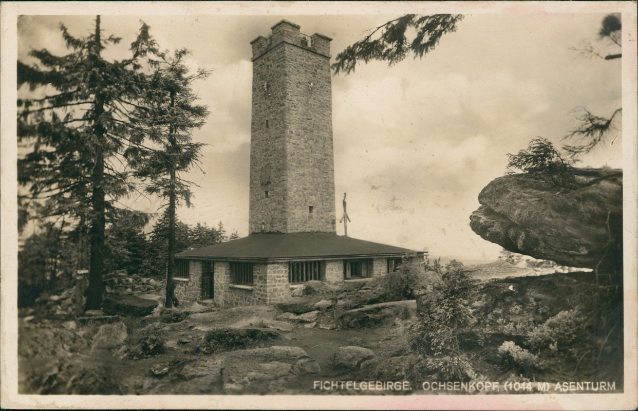zoom: Image side vintage Postcard from 1934: Ochsenkopf Fichtelgebirge Asenturm:: Bischofsgrüner Forst