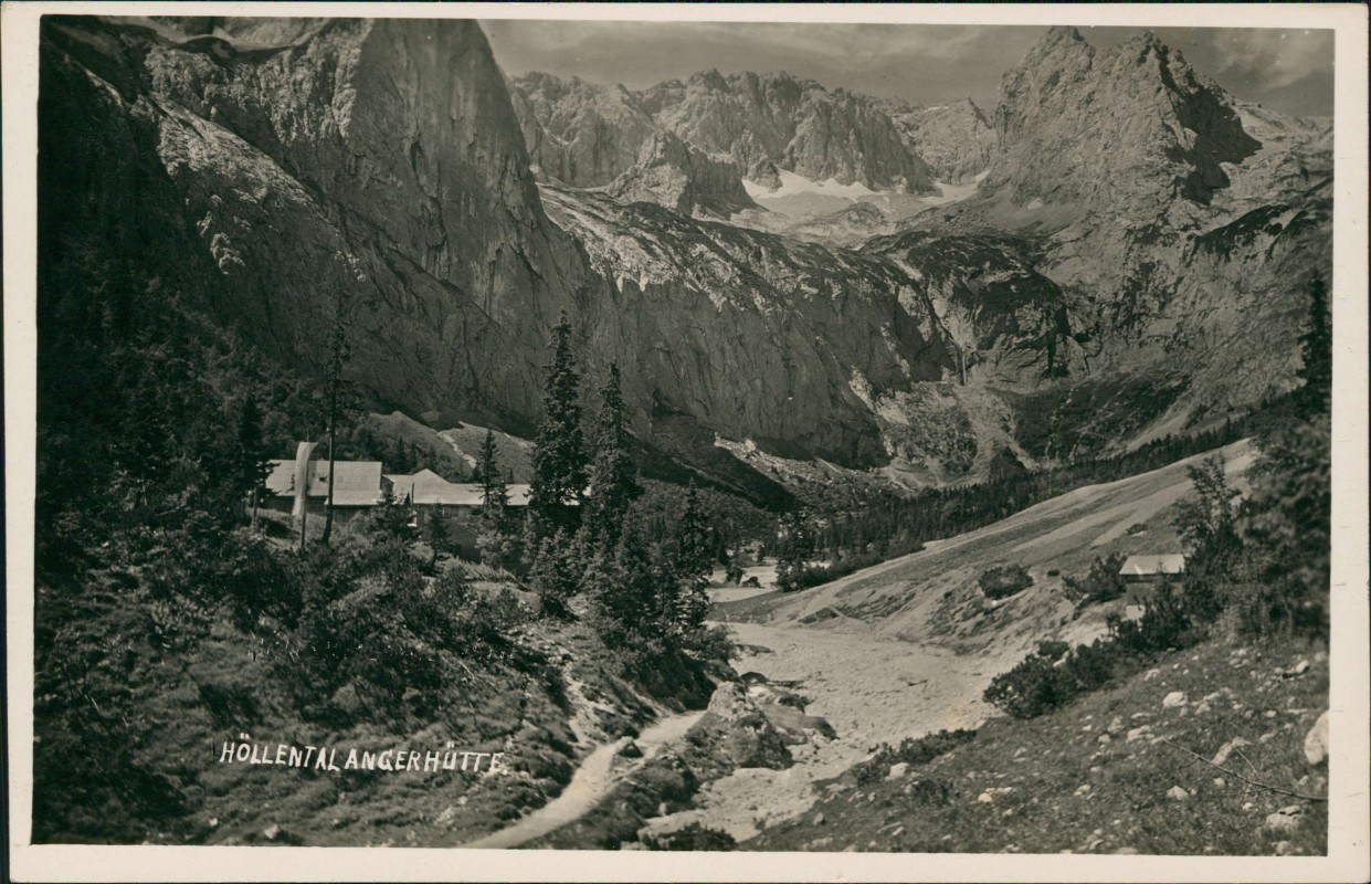 vergrößern: Bildseite historische Ansichtskarte von 1929: Angerhütte Höllental Fotokarte:: Garmisch-Partenkirchen