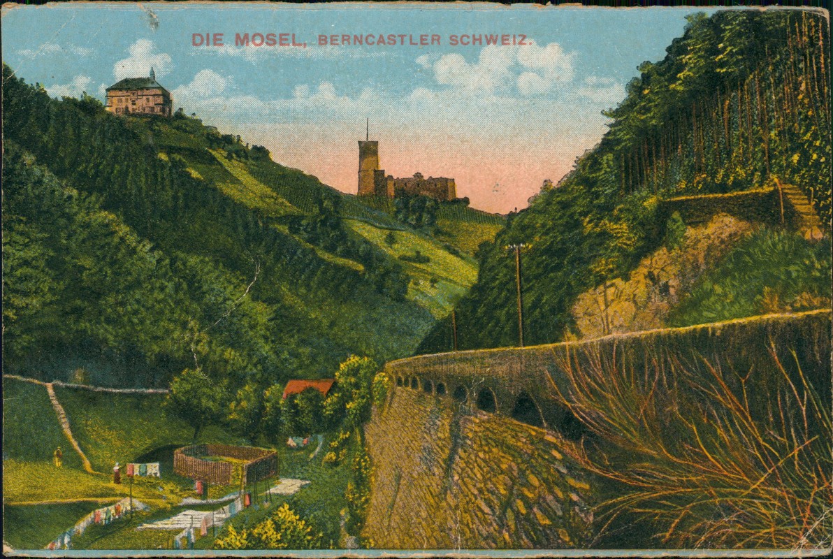 zoom: Image side vintage Postcard from 1921: DIE MOSEL, BERNCASTLER SCHWEIZ:: Bernkastel-Berncastel-Cues