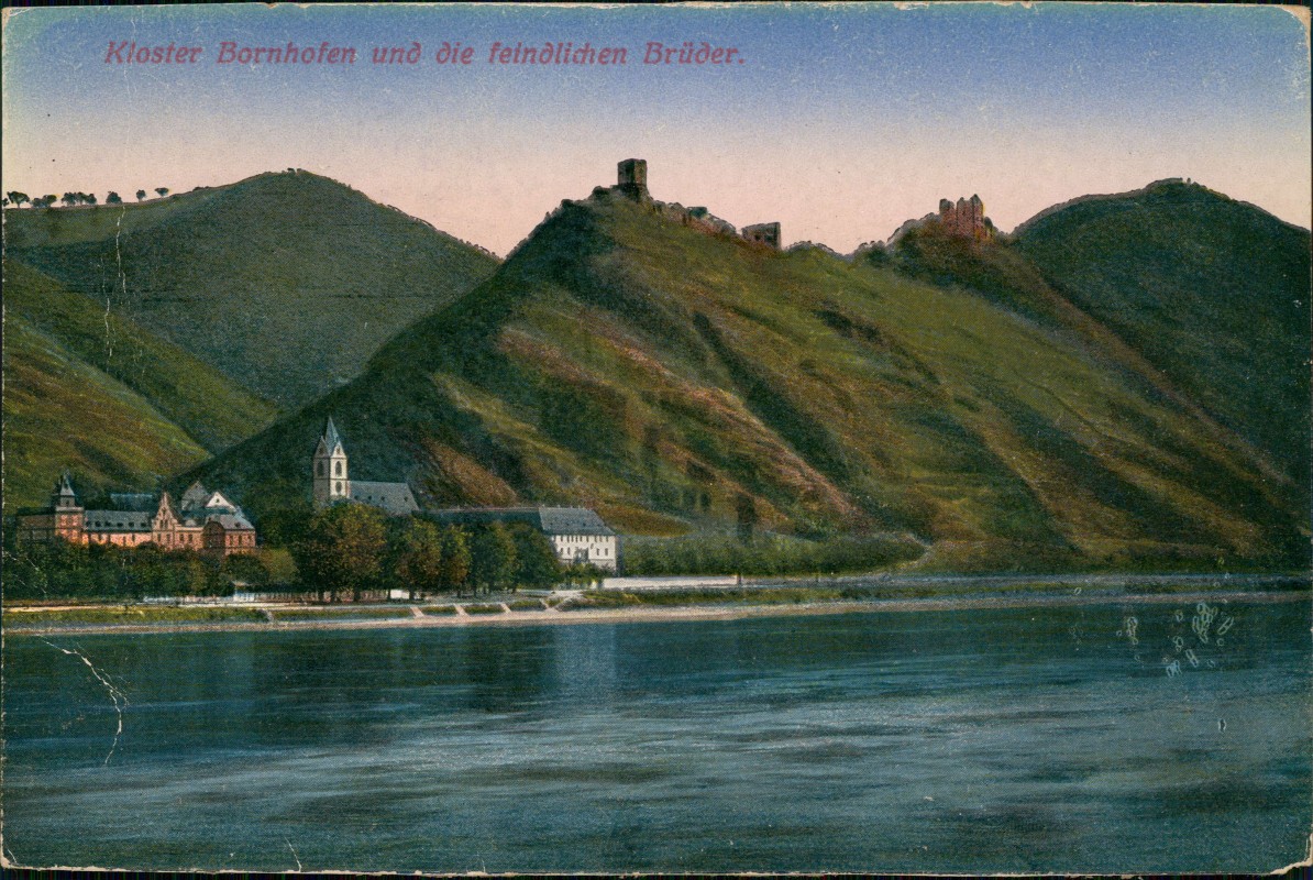 zoom: Image side vintage Postcard from 1921: Kloster Bornhofen und die feindlichen Brüder (Burgen am Rhein):: Bornhofen-Kamp-Bornhofen