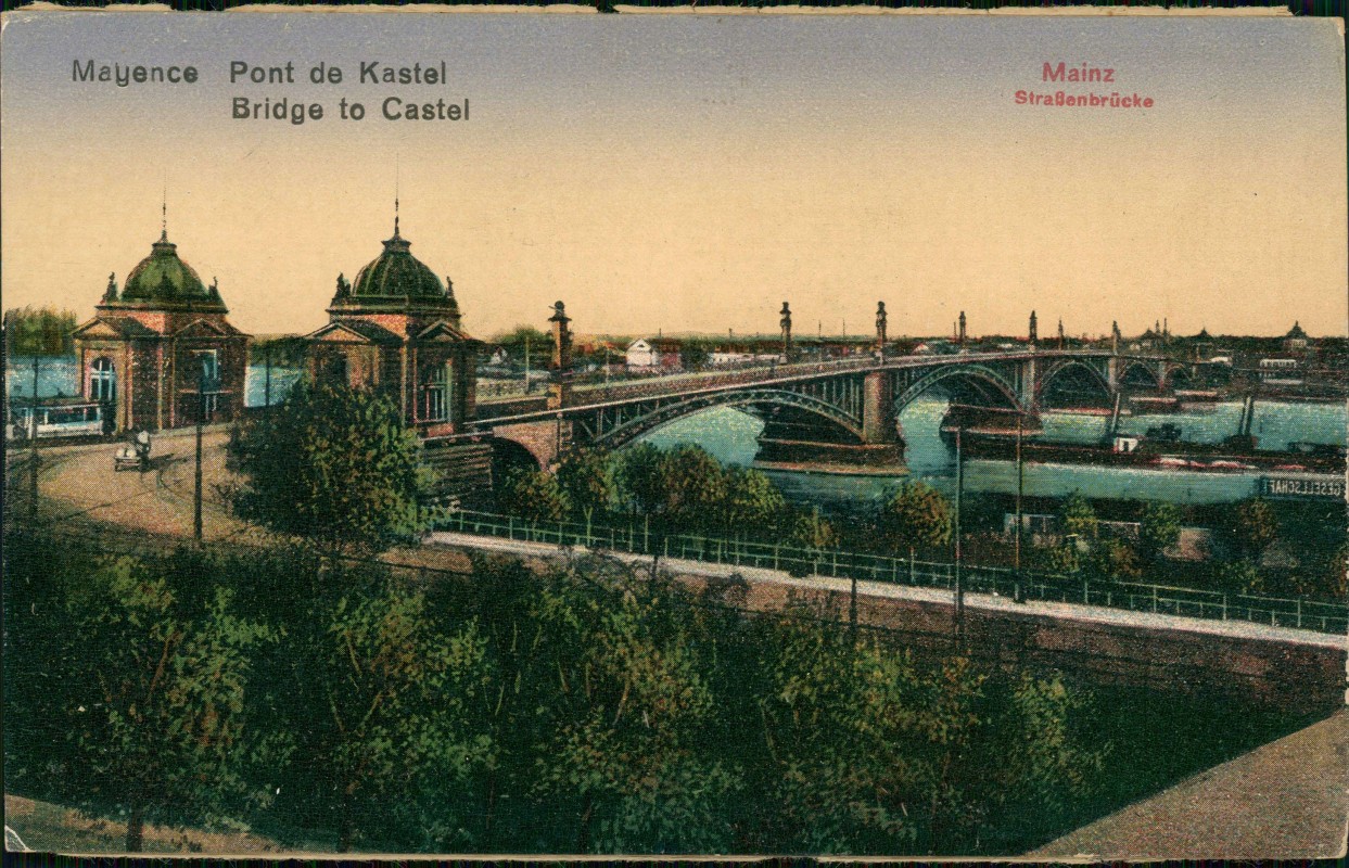 vergrößern: Bildseite historische Ansichtskarte von 1927: Rheinbrücke Straßenbrücke Mayence Pont de Kastel:: Mainz