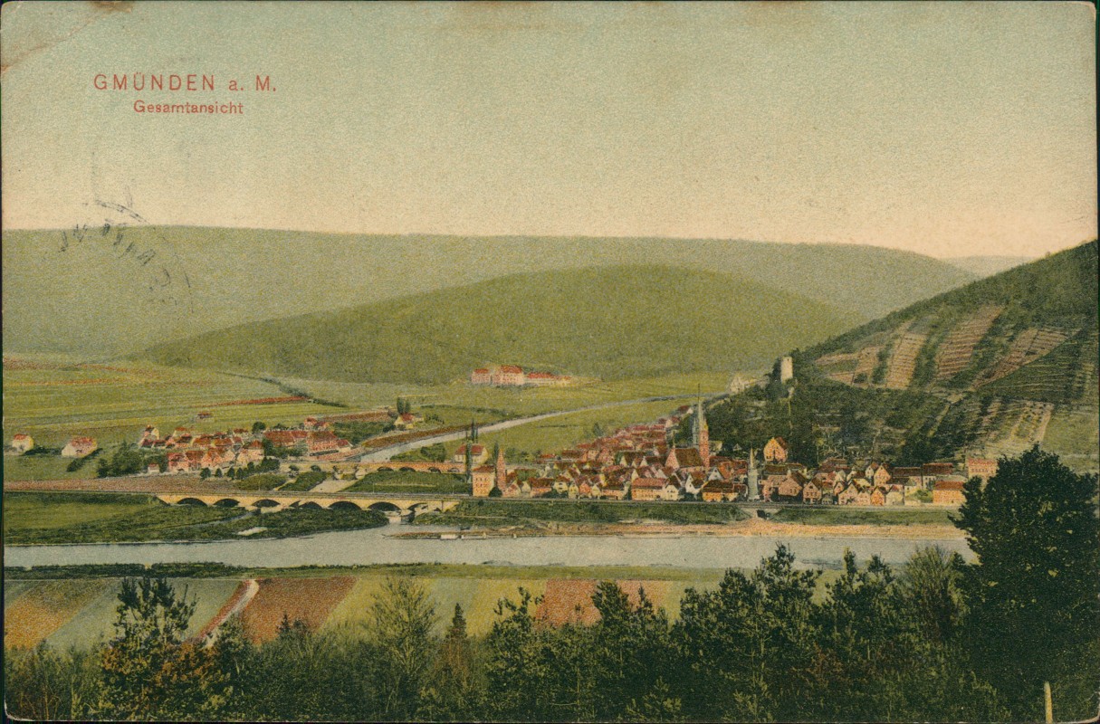 zoom: Image side vintage Postcard from 1911: Gesamtansicht:: Gemünden a. Main