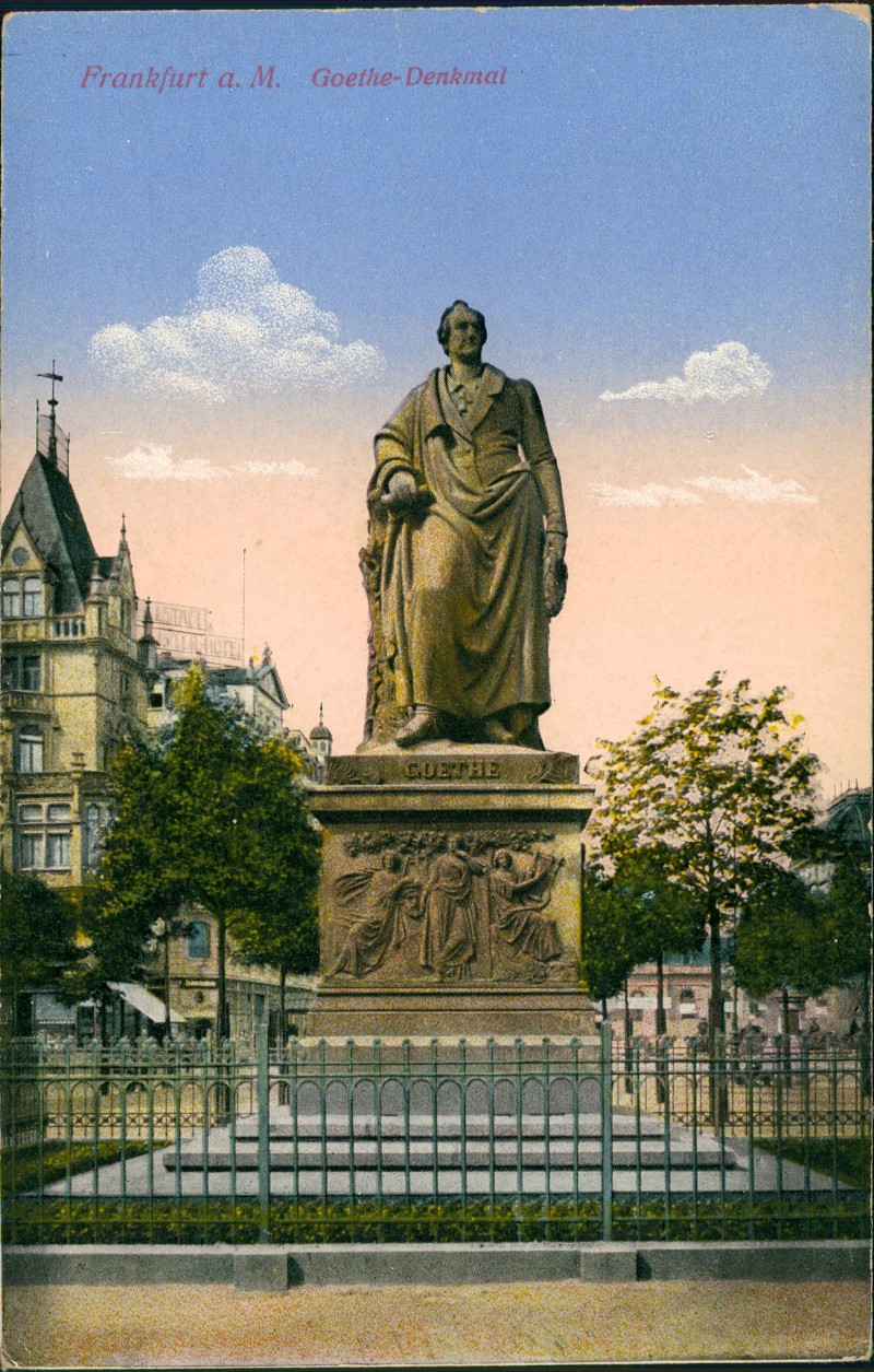 zoom: Image side vintage Postcard from 1914: Goethe-Denkmal, Hotel:: Frankfurt am Main