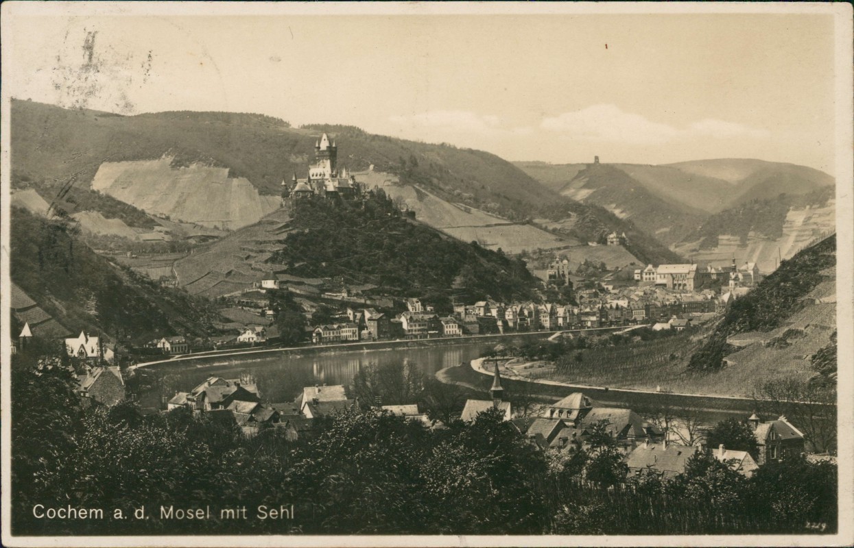 zoom: Image side vintage Postcard from 1930: Panorama-Ansicht, Mosel mit Sehl:: Kochem