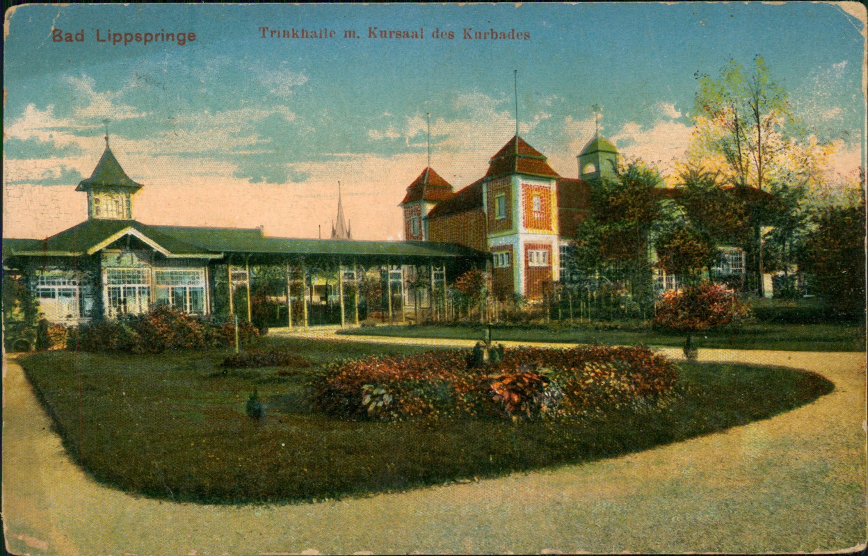 vergrößern: Bildseite historische Ansichtskarte von 1916: Trinkhaile m. Kursaal des Kurbades:: Bad Lippspringe