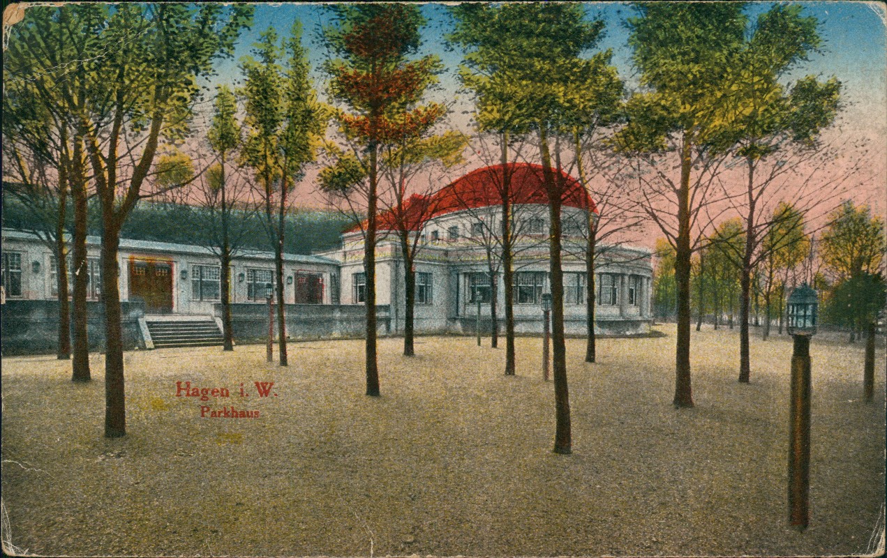 zoom: Image side vintage Postcard from 1927: Partie am Parkhaus:: Hagen