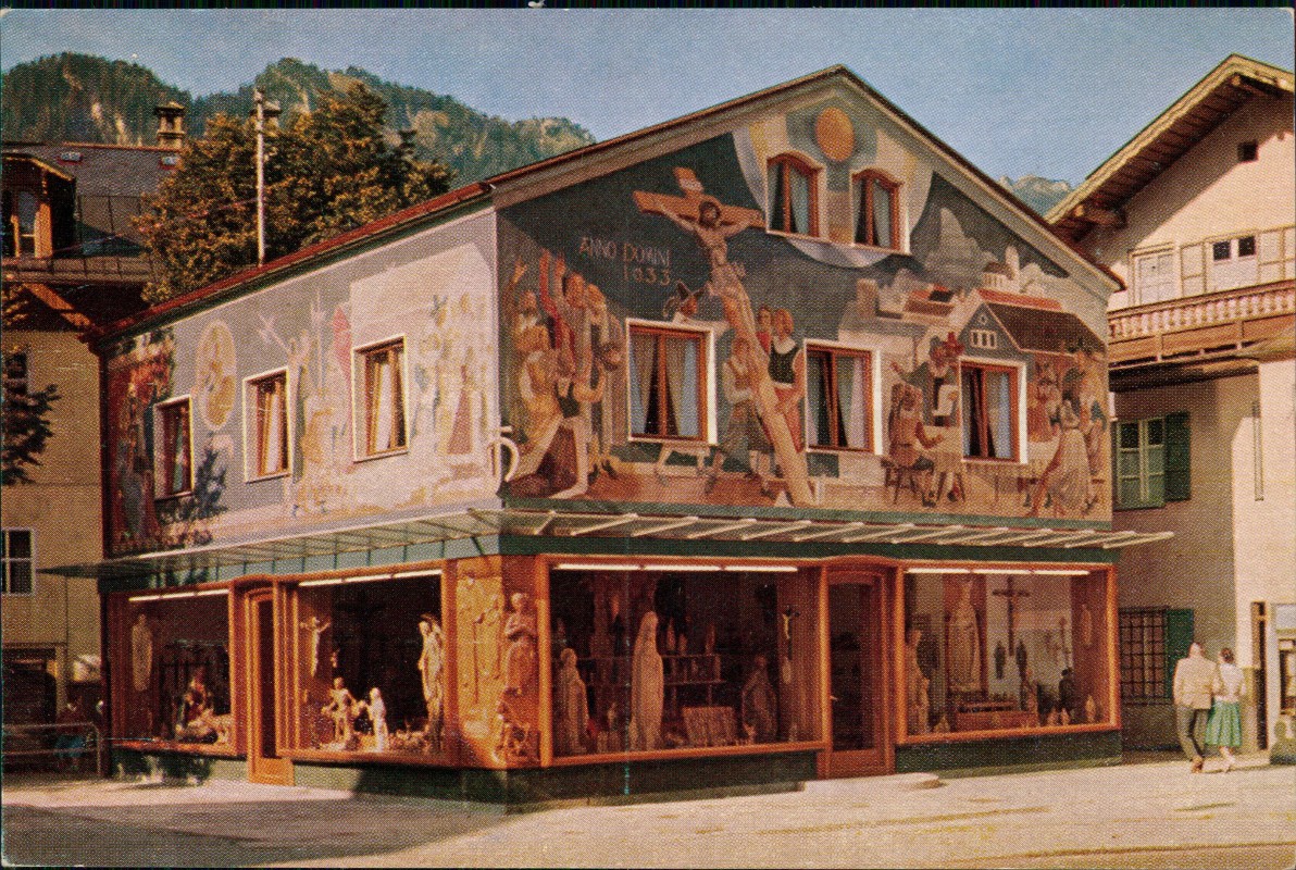 zoom: Image side vintage Postcard from 1963: VERKAUFSTORE WERKSTATT Holzbauer:: Oberammergau