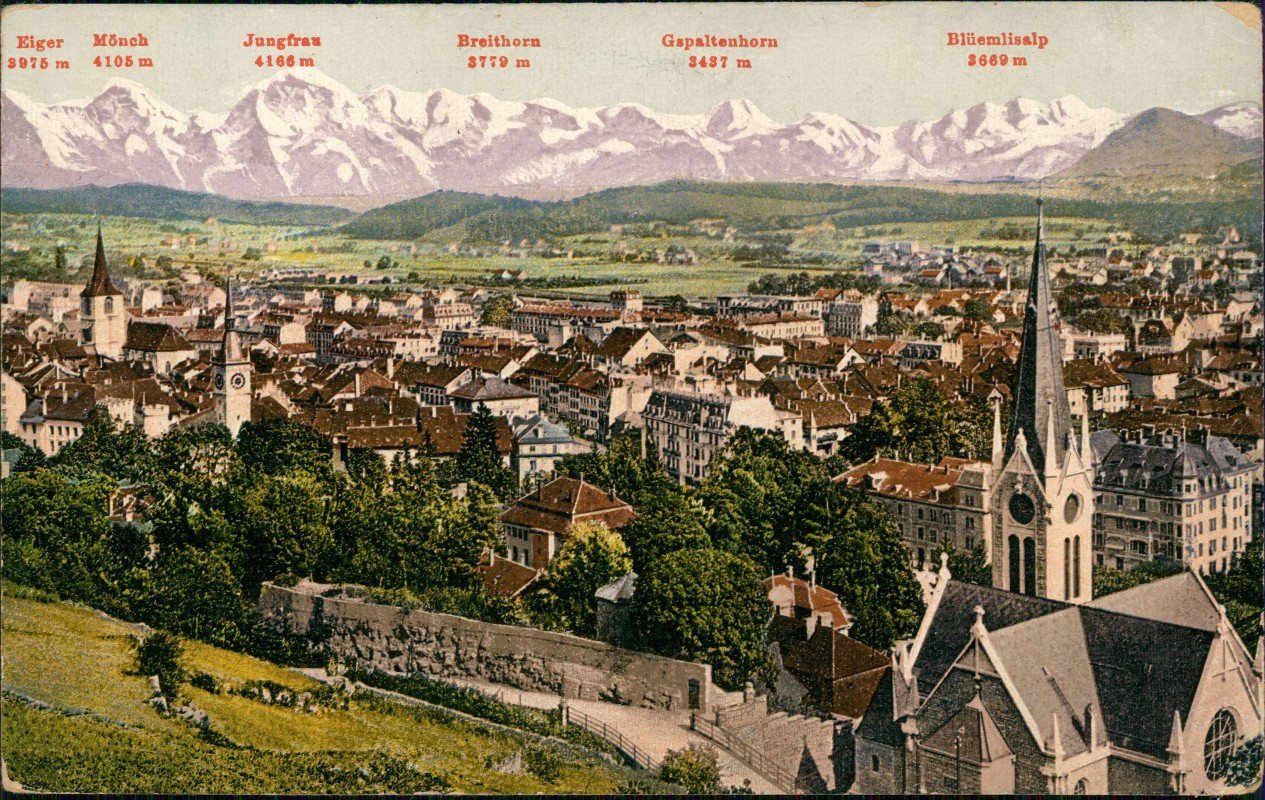 zoom: Image side vintage Postcard from 1914: Stadt mit Beschreibung der Alpengipfel:: Bienne