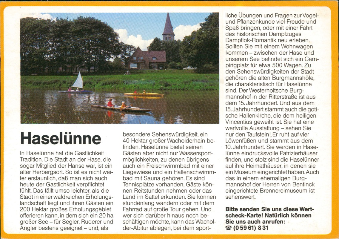 zoom: Image side vintage Postcard from 1988: Bootspartie auf dem Fluß:: Haselünne