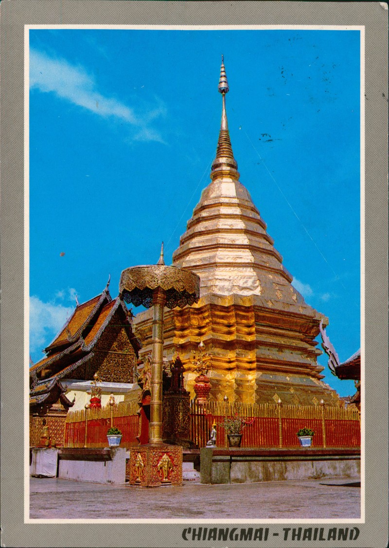 zoom: Image side vintage Postcard from 1991: Chedee of Wat Phrathat on the top of Mountain Chiengmai:: ประเทศไทย