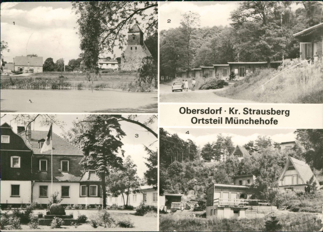 vergrößern: Bildseite historische Ansichtskarte von 1982: DDR Mehrbild-AK mit Bungalow-Siedlung, Jugendherberge uvm.:: Münchehofe