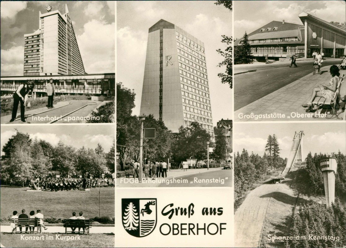 zoom: Image side vintage Postcard from 1977: DDR Mehrbild-AK u.a. Interhotel Panorama, Großgaststätte Oberer Hof uvm.:: Oberhof (Thüringen)