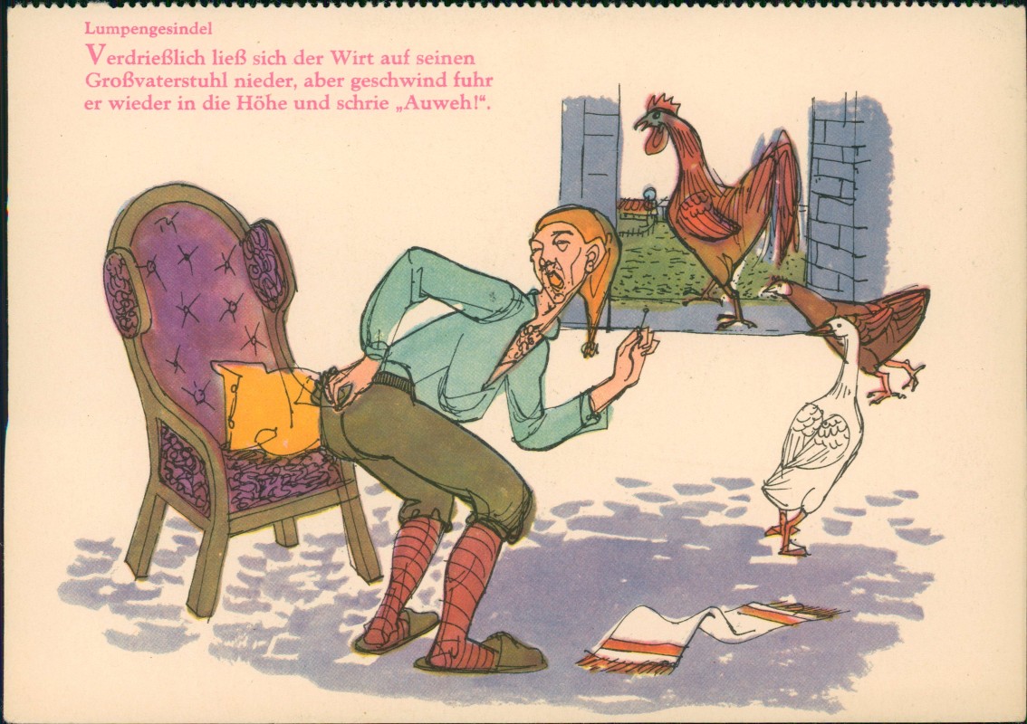 vergrößern: Bildseite historische Ansichtskarte von 1958: DDR Künstlerkarte Dt. Hygiene-Museum Dresden: Lumpengesindel::