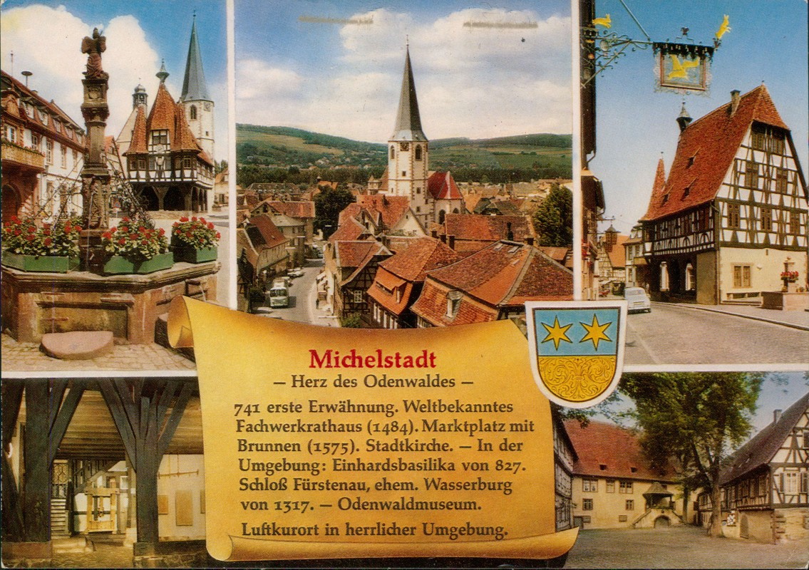 zoom: Image side vintage Postcard from 1973: Stadtteilansichten Chronikkarte:: Michelstadt