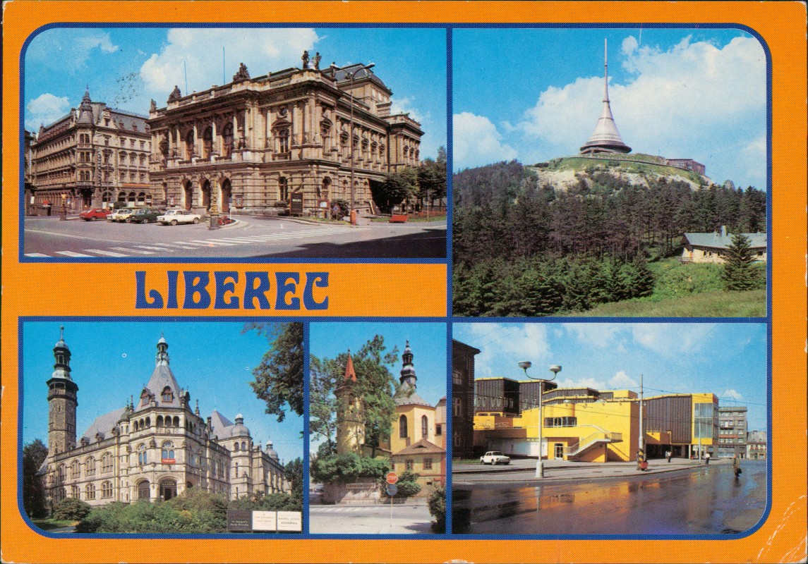 zoom: Image side vintage Postcard from 1982: Mehrbildkarte Liberec mit Ještěd-Turm und Stadtansichten:: Liberec