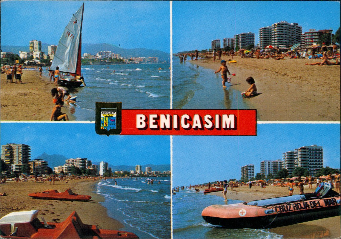 zoom: Image side vintage Postcard from 1980: Mehrbildkarte Ortsansichten u.a. Strand:: Benicasim