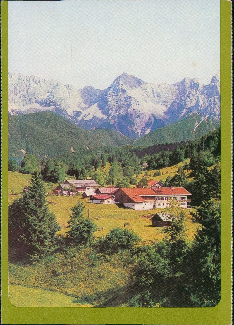 vergrößern: Bildseite historische Ansichtskarte von 1980: Gerold gegenüber dem Karwendelgebirge bayerische Alpenherrlichkeit:: Mittenwald