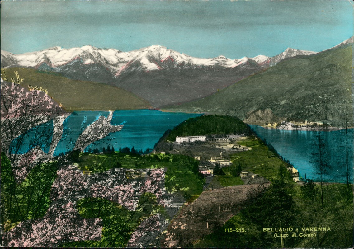 vergrößern: Bildseite historische Ansichtskarte von 1955: Panorama-Ansicht BELLAGIO e VARENNA Lago di Como:: Bellagio