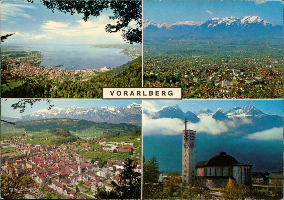 zoom: Image side vintage Postcard from 1980: Umland-Ansichten Bregenz Dornbirn Feldkirch Bludenz:: Bregenz
