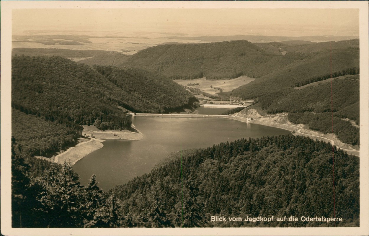 zoom: Image side vintage Postcard from 1930: Blick vom Jagdkopf auf die Odertalsperre:: Bad Lauterberg im Harz