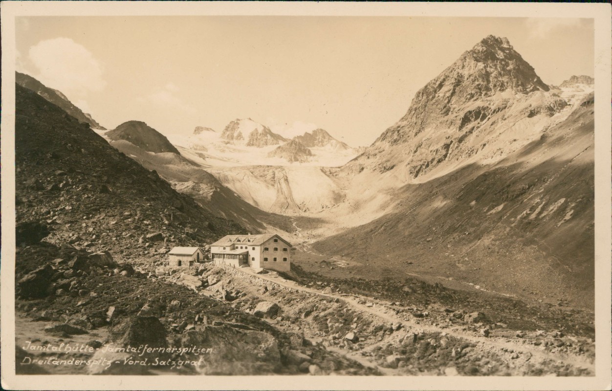 vergrößern: Bildseite historische Ansichtskarte von 1928: Jamtalhütte Dreiländerspitz Fotokarte Gletscher:: Galtür