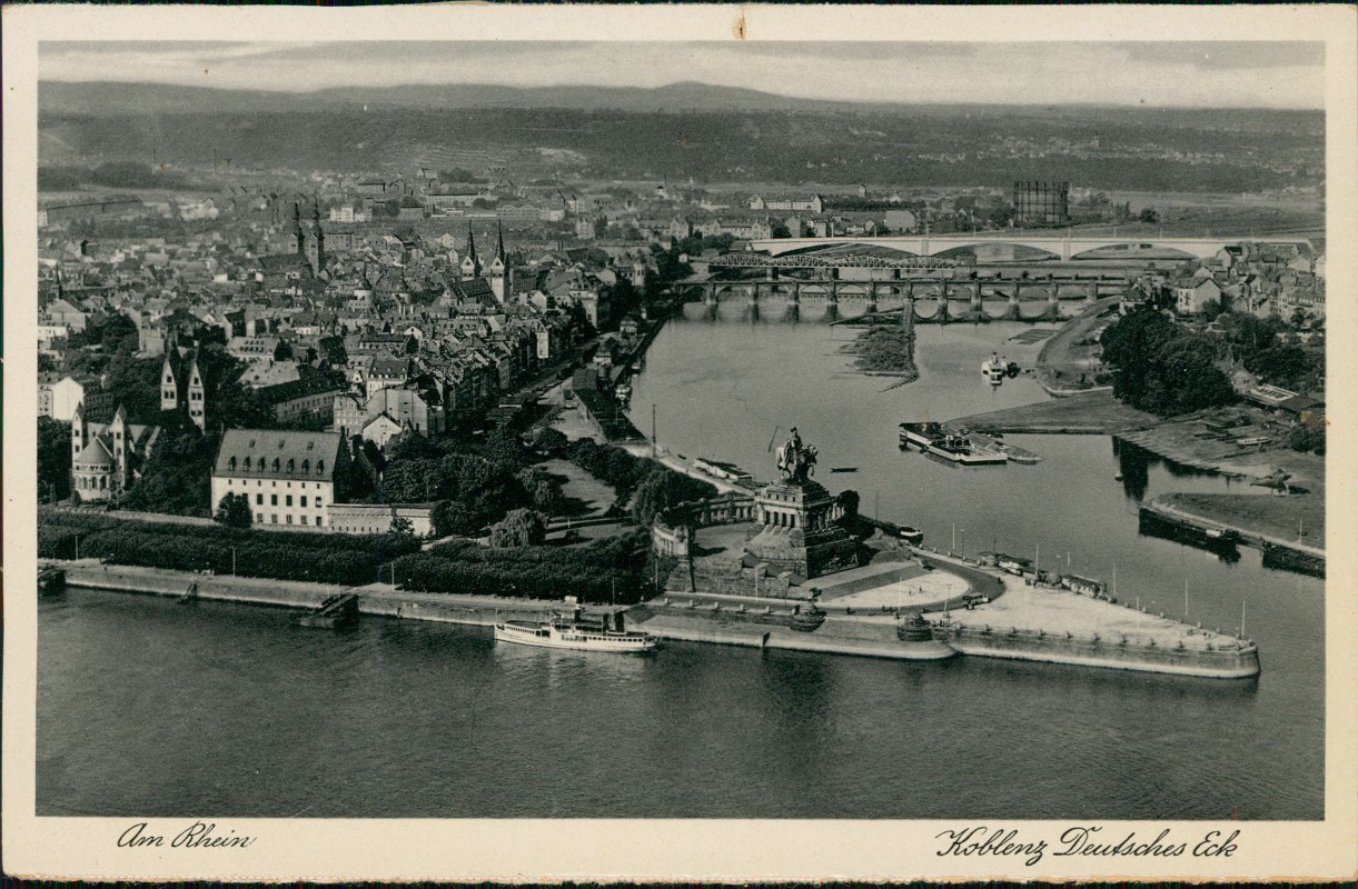 zoom: Image side vintage Postcard from 1930: Deutsches Eck Panorama mit Rhein-Mosel-Mündung:: Coblenz